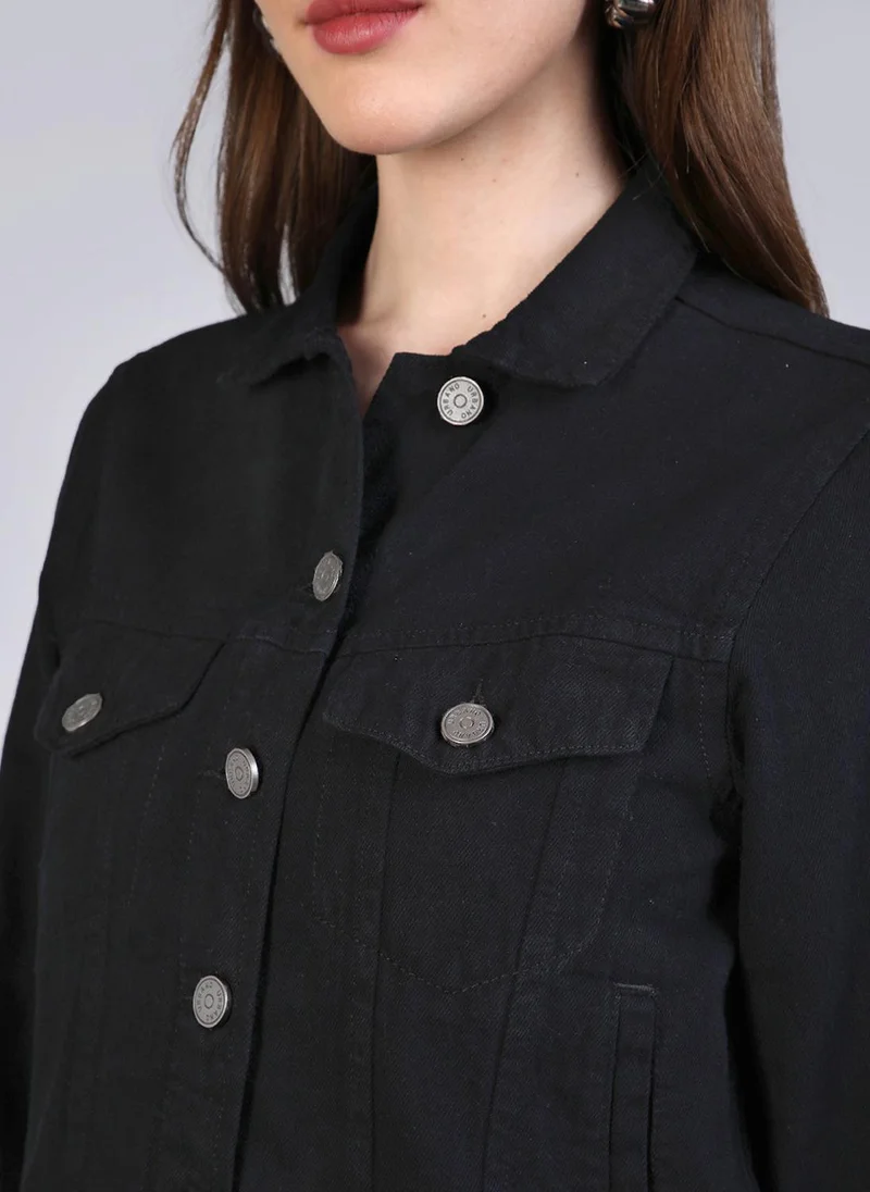Urbano Fashion  Urbano Fashion Women's Black Regular Fit Washed Full Sleeve Denim Jacket for Women | Best Price UAE
